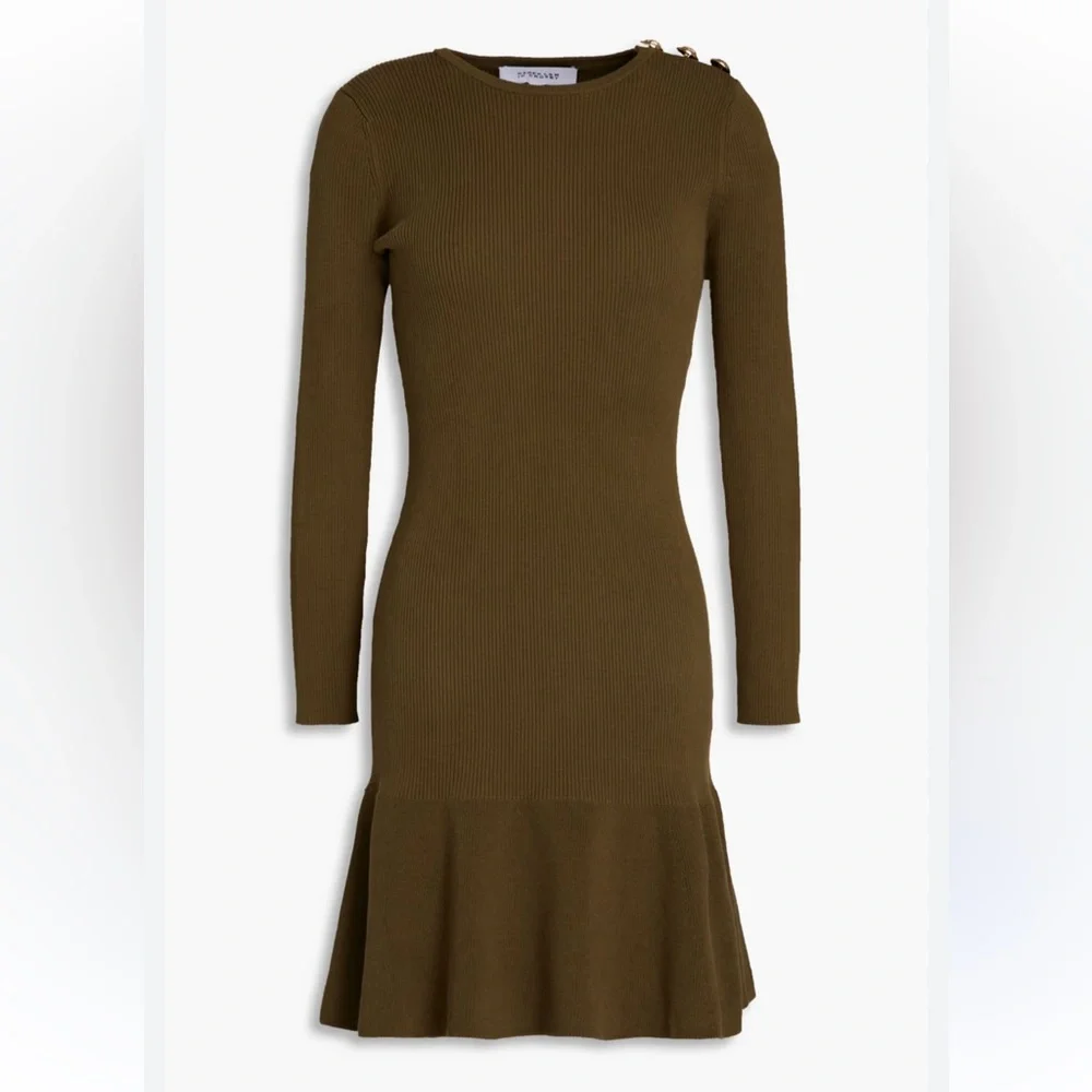 DEREK LAM 10 CROSBY Vanessa Ribbed Knit Flounce Dress In Olive Size Medium - Picture 1 of 15
